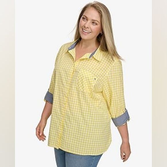 Tommy Hilfiger Yellow Gingham Cotton Blouse Button Top Plus Size 3X Lightweight - Picture 2 of 9